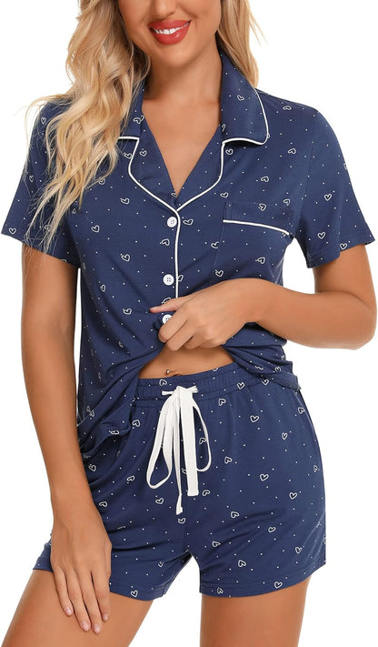 Womens Pajamas Set Short Sleeve Sleepwear Button down Nightwear Shorts Soft Pj Sets S-XXL