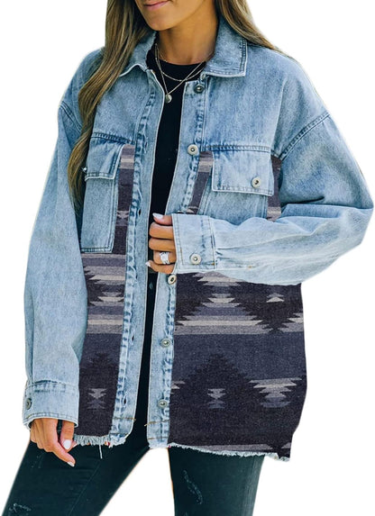 Women'S Women'S Aztec Denim Shirt Jacket Distressed Long Denim Ripped Jean Shacket(Dark Blue,S)